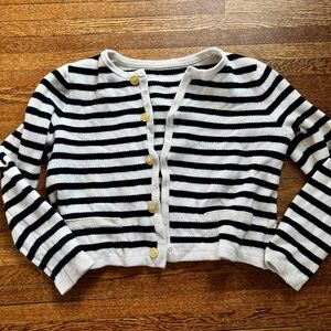 NWOT Goelia Wool Blend Black & White Stripped Cardigan Gold Detail Buttons M